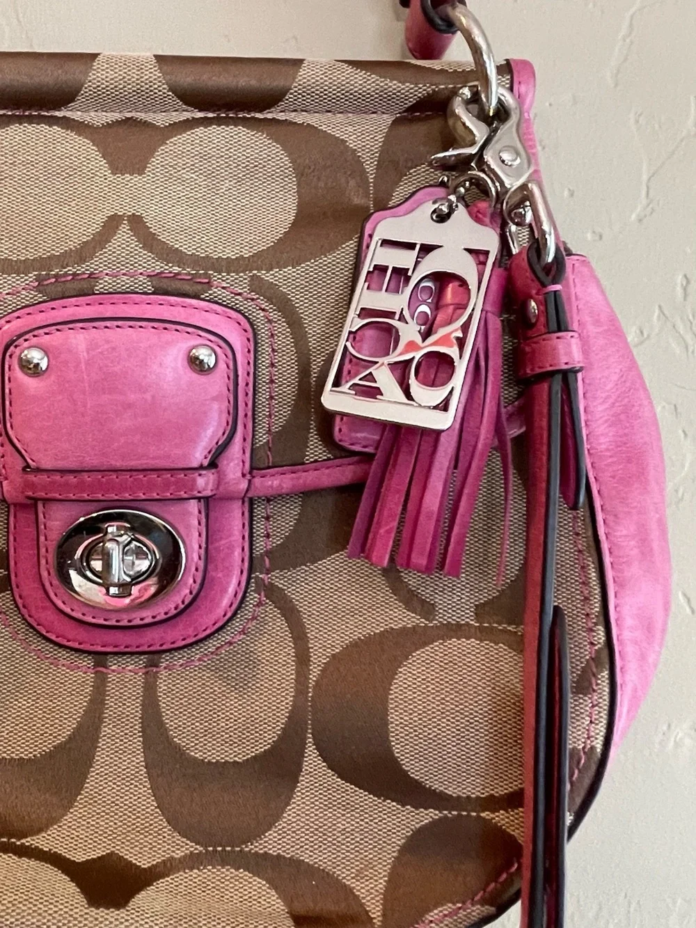Coach Pink 70th anniversary Signature Canvas leather Crossbody Stripe Lining